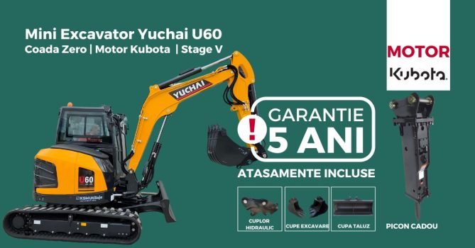 Mini Excavator Yuchai U60 Coada Zero | Motor Kubota | Stage V